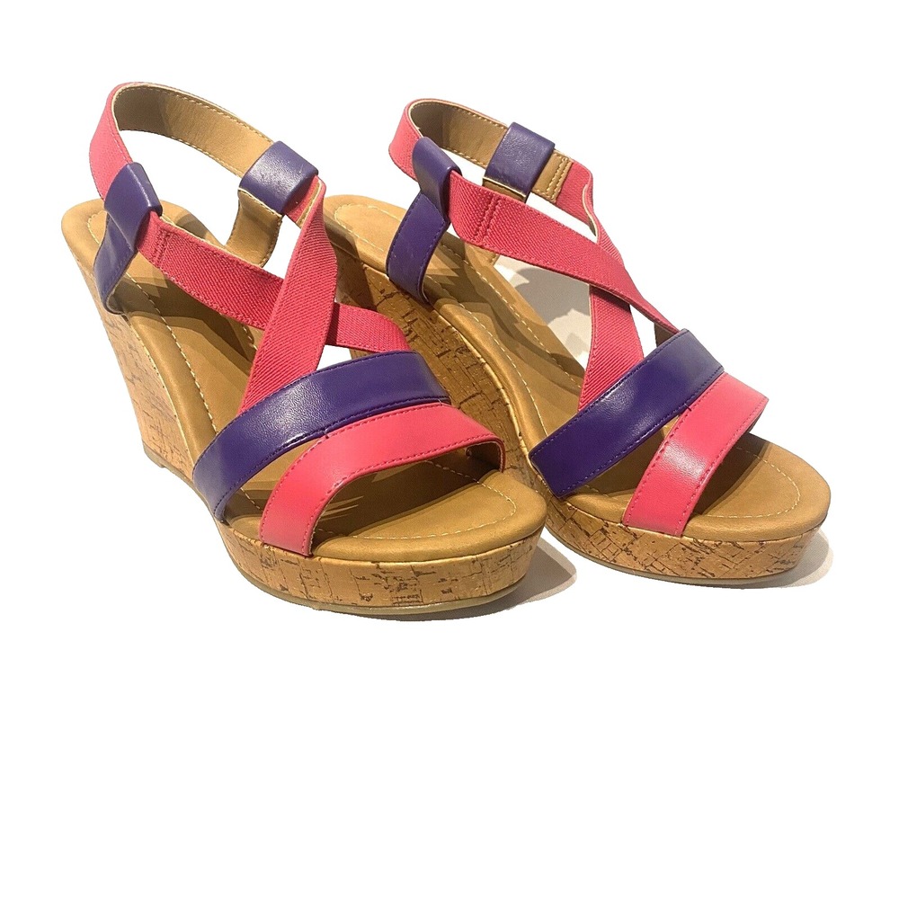 AVON womens pink purple strappy slip on wedges size 9